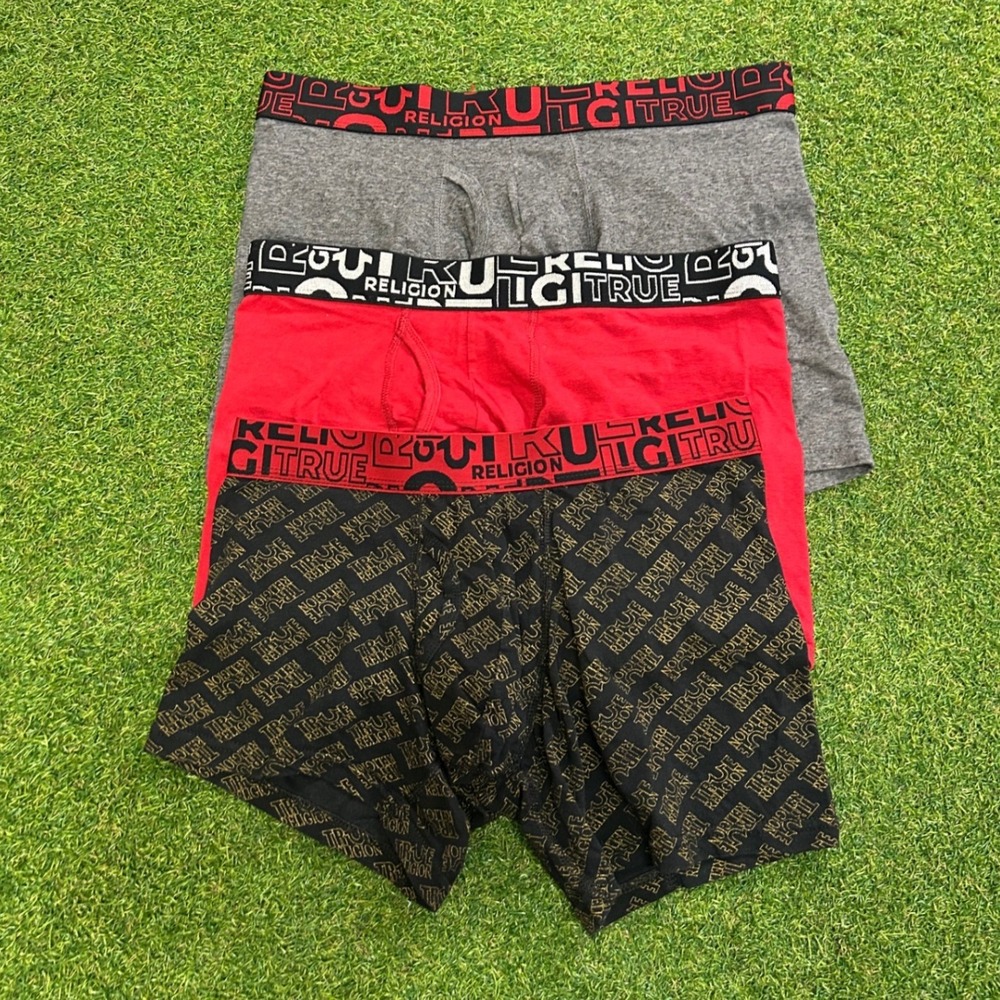 True Religion Mens 3 Pack Boxer Briefs Red Gray Black Gold Logo Large